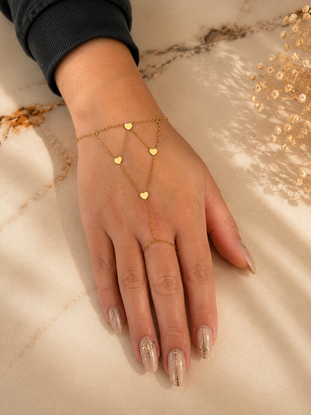 Bracelet Bague Chaîne Cœurs Dorés Romantique